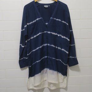 ATHLETA TIE DYE STRIPE KAFTAN SHIRT coverup blue white button silk beach LARGE